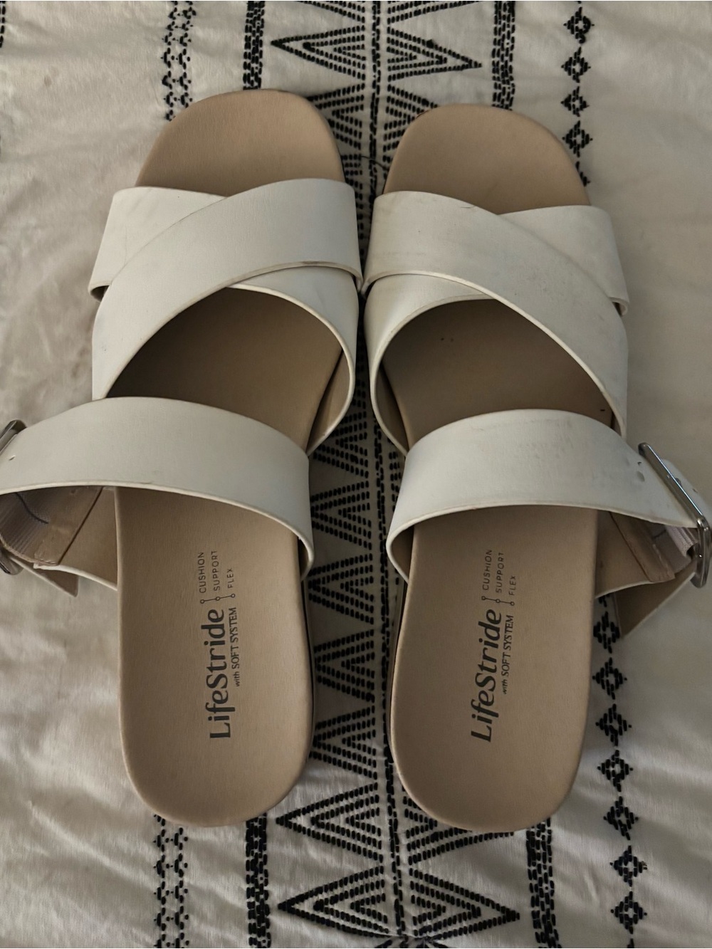 Life Stride White Crisscross Buckle Slide Sandals